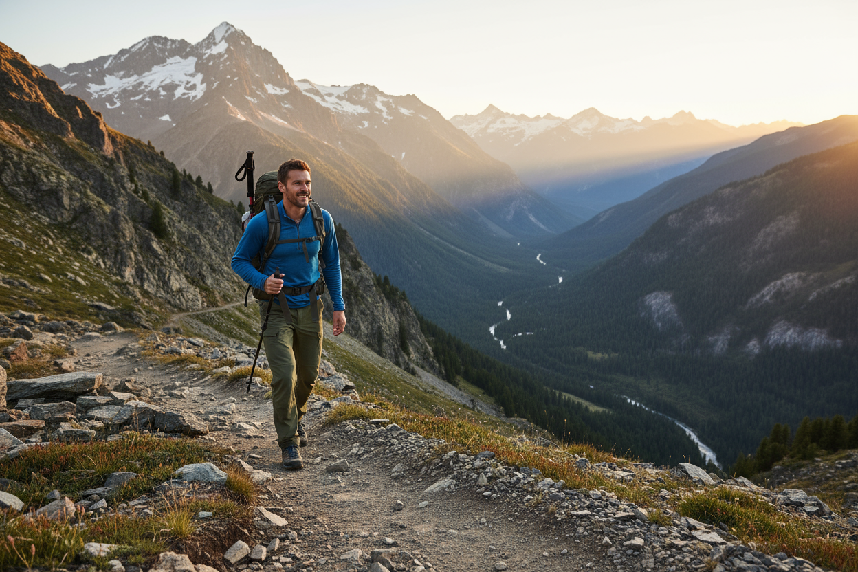 Hazlo con un modelo puesto y en la montaña haciendo senderismo